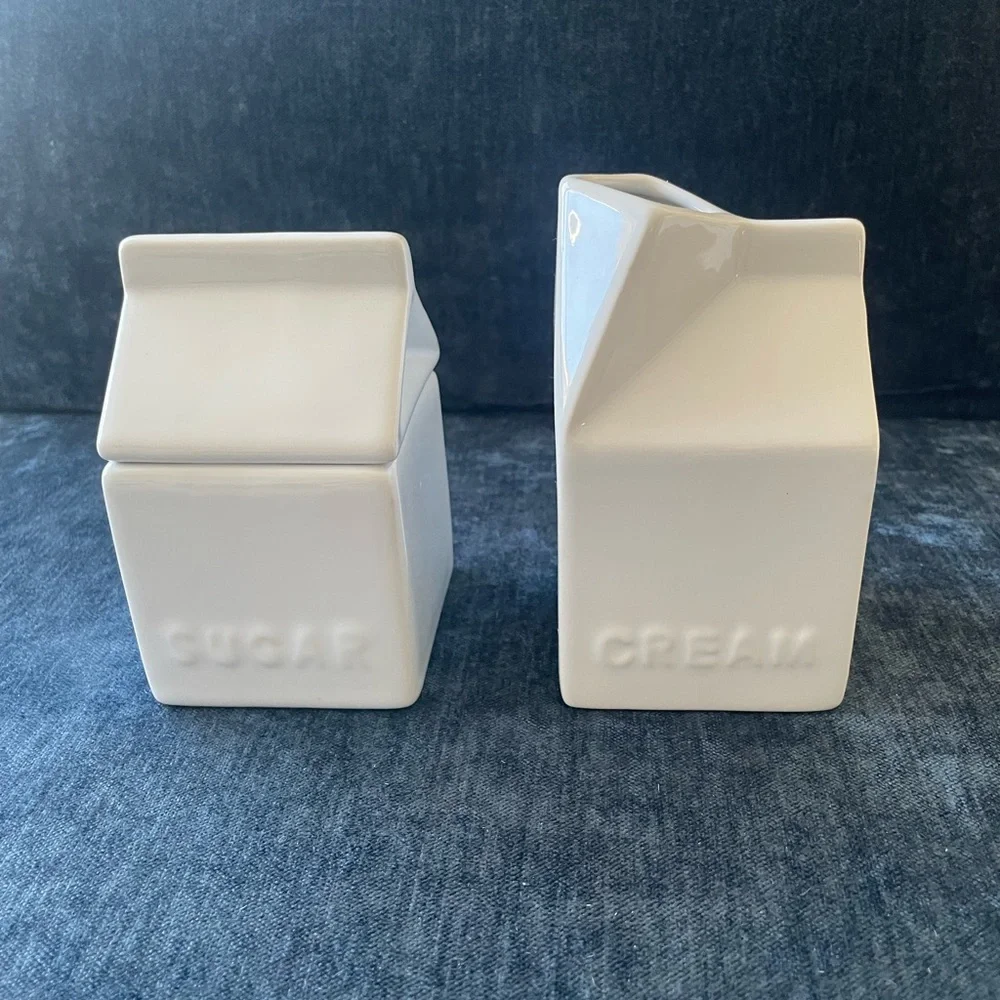 Pier 1 ceramic sugar and creamer milk carton set white
